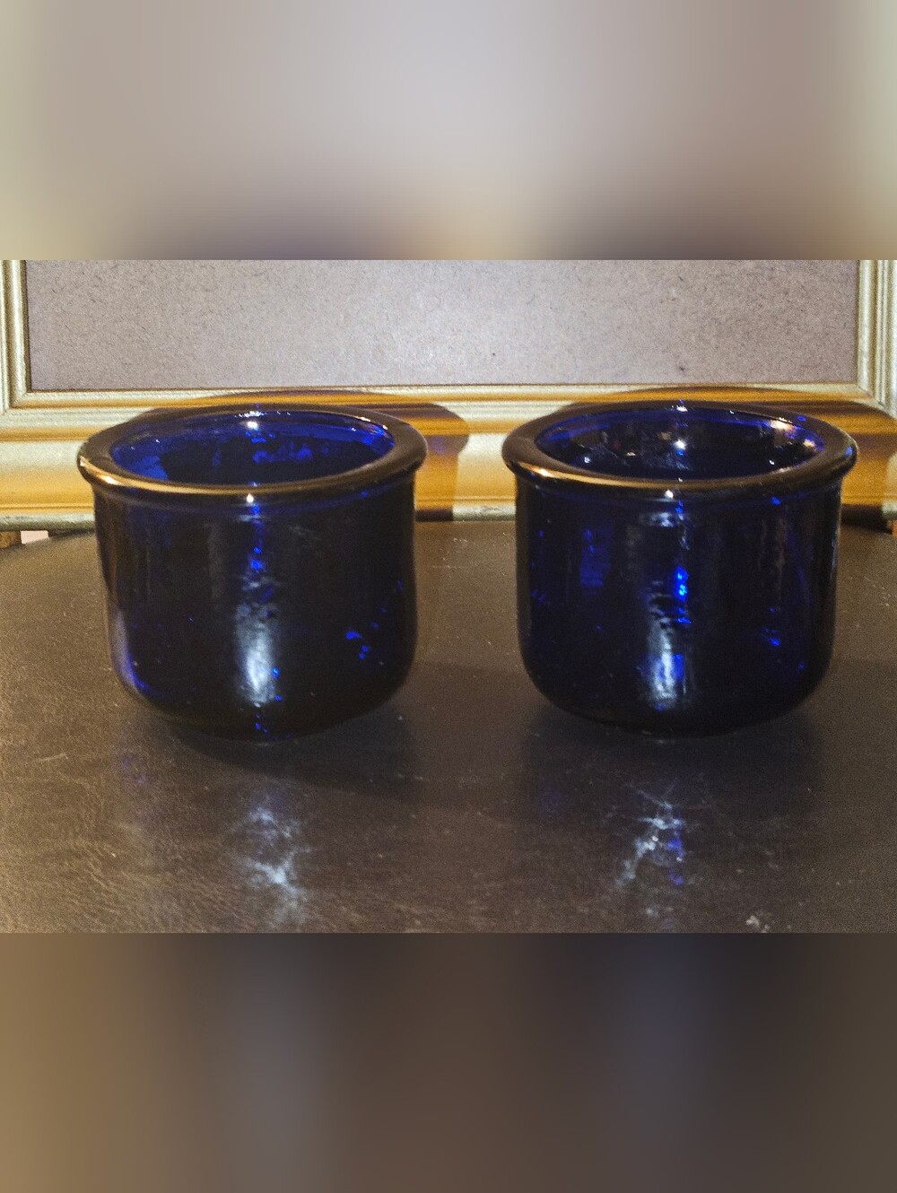 Vintage Set of 2 Round Tag Cobalt Blue Glass Votive Holder Made In Spain